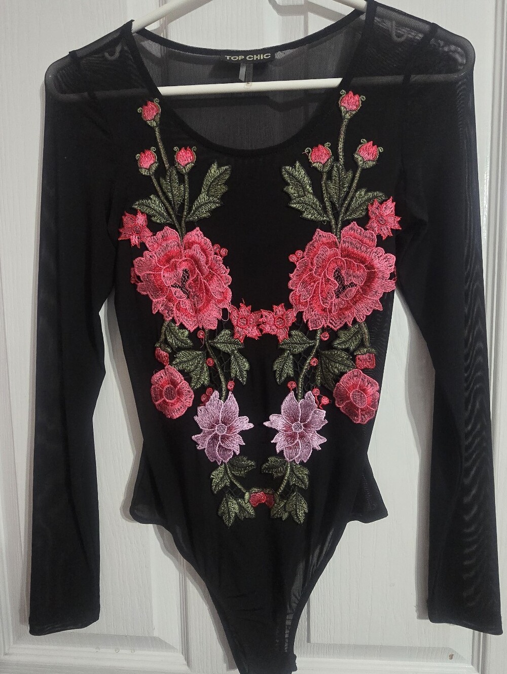 Black Mesh Floral Embroidered Long-Sleeve Bodysuit - Pink Floral